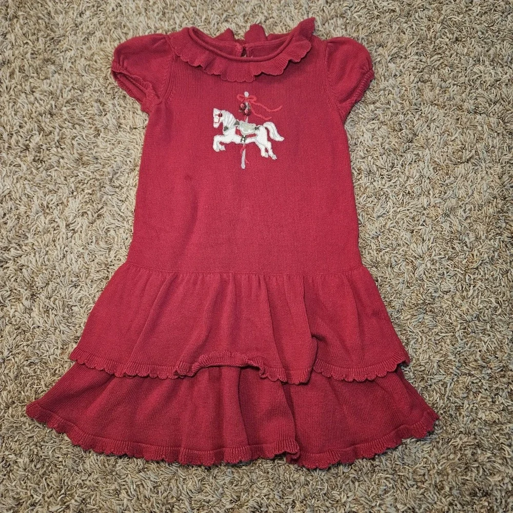 Janie & Jack Kids Red Carousel Horse‎ Knit Sweater Dress Size 4 Ruffles Collar